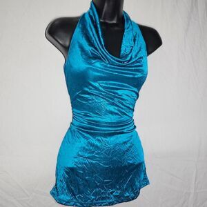 Vintage y2k satin silky blue cowl neck halter top